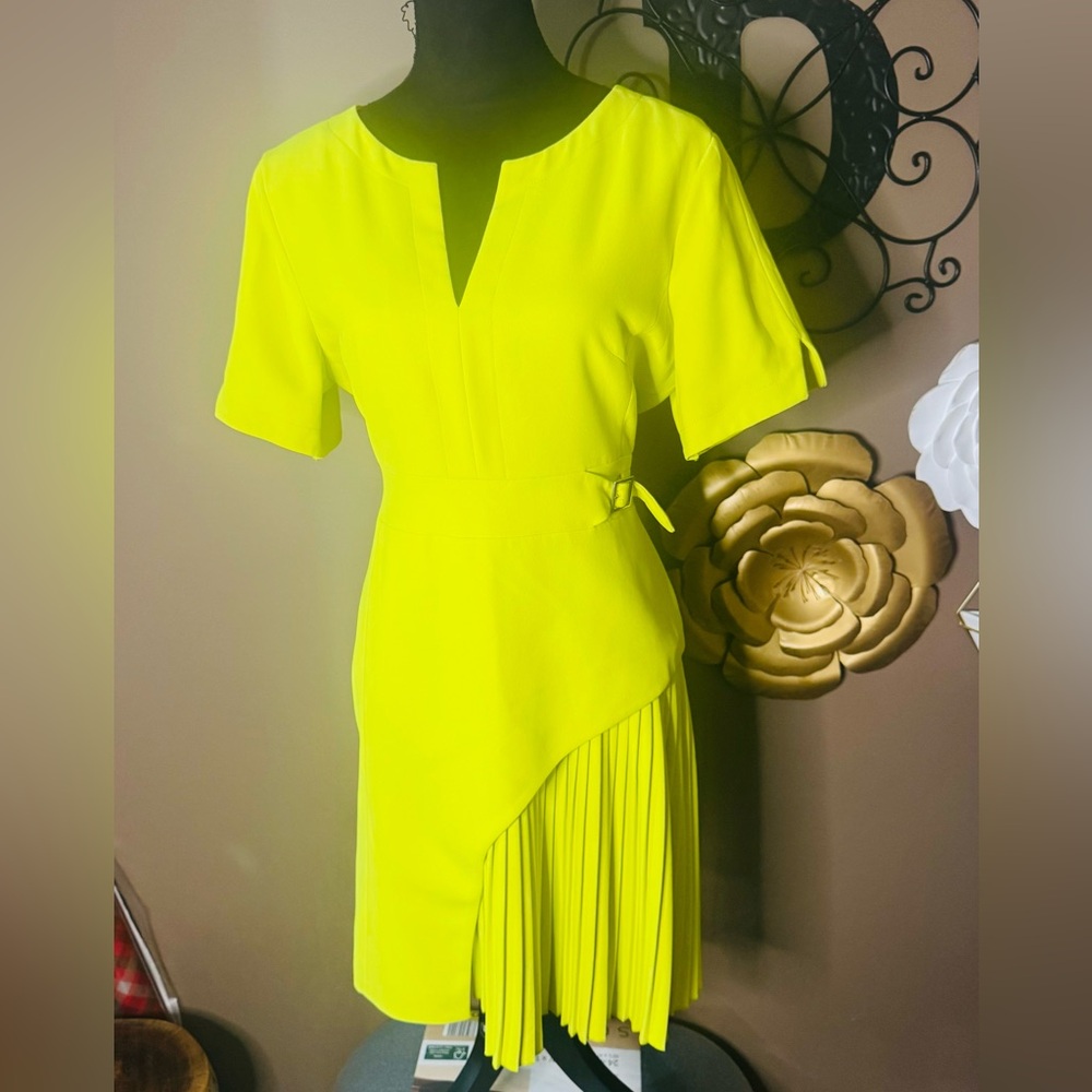 Karen Millen Neon Yellow Asymmetrical Pleated Hem Dress